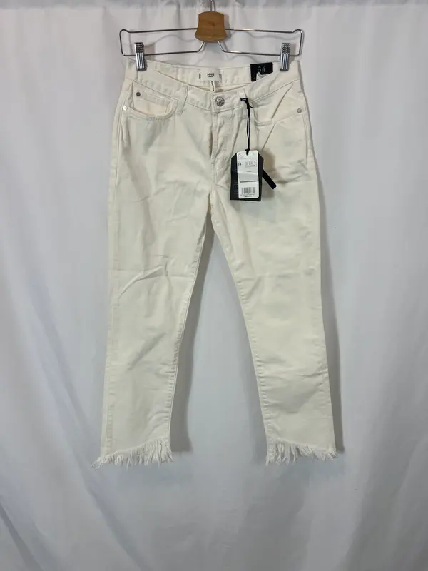 MANGO. Denim blanco abotonado flecos. T 34