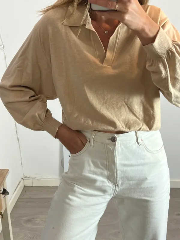 MANGO. Jersey beige polero. T M