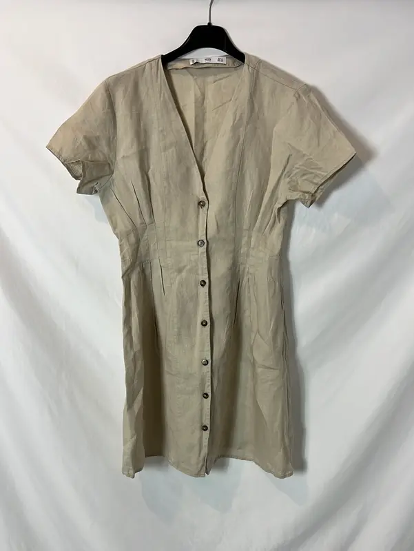 MANGO. Vestido beige efecto lino abotonado. T S
