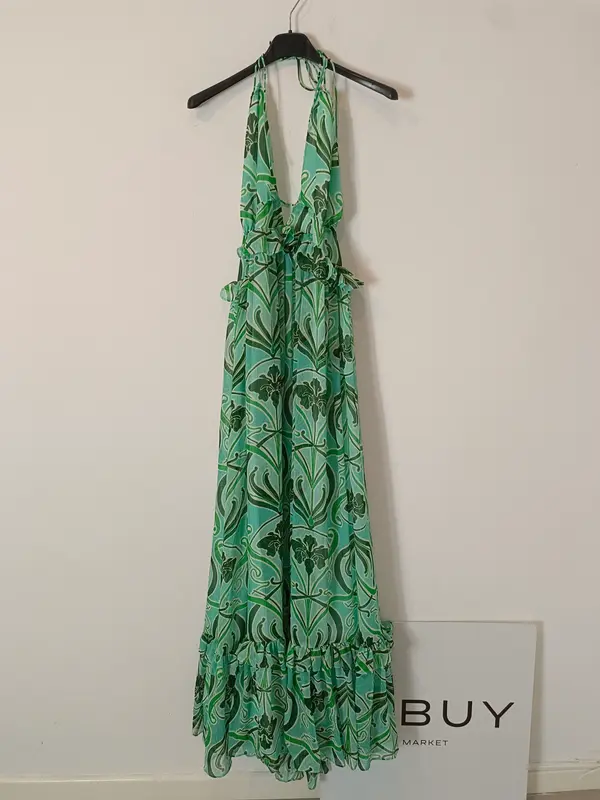 MANGO. Vestido largo azul estampado T.xs