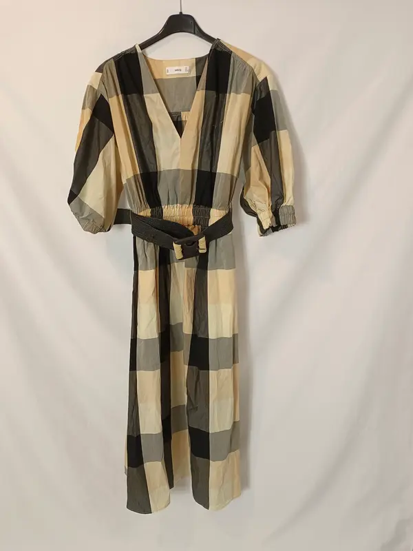 MANGO. Vestido midi cuadros cinturón T.s