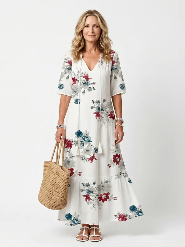 María™ | Vestido Midi Floral Disperso con Nudo y Pompones