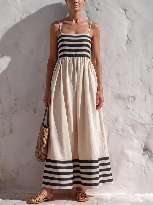 Marina™ | Vestido largo de rayas negras y beige con tirantes finos