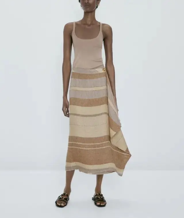 MASSIMO DUTTI. Falda de lino midi rústica rayas