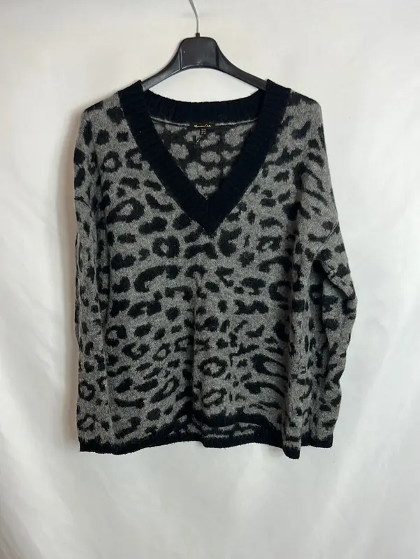 MASSIMO DUTTI. Jersey gris y negro cuello pico. T XS
