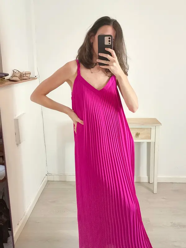 MASSIMO DUTTI. Vestido buganvilla midi plisado. T 36