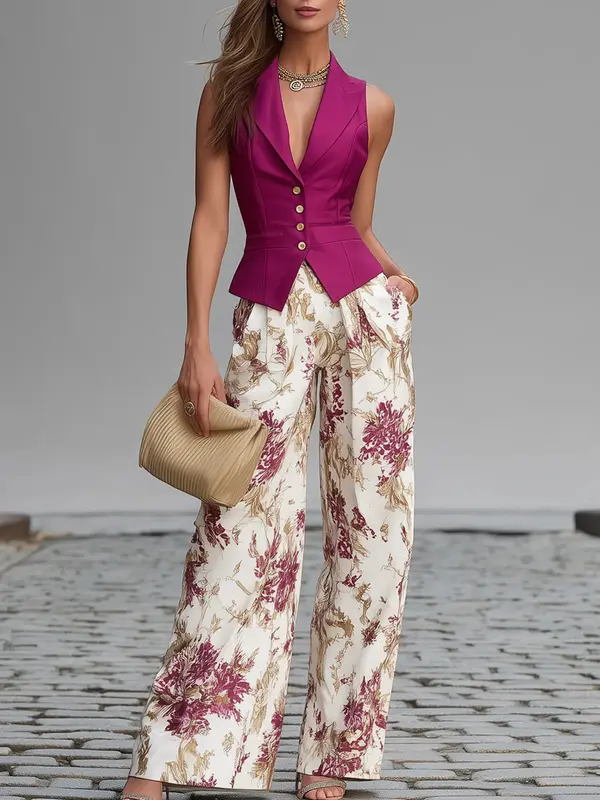 Maya | Spandex Blend Sleeveless Vest and Floral Print Wide-Leg Trousers Set