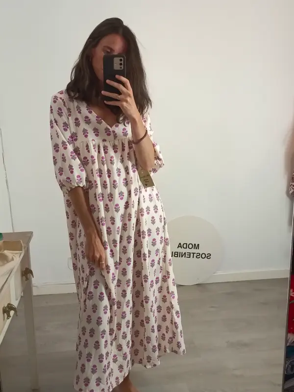 MI ROPERO. Vestido largo beige flores T.s/m