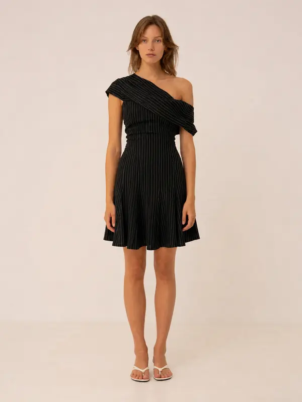 Midnight Blue Striped Off Shoulder Mini Dress