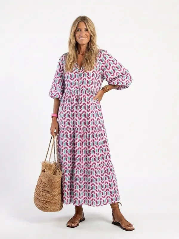 Mireya™ | Vestido Midi Escalonado de Manga Larga con Estampado Geométrico