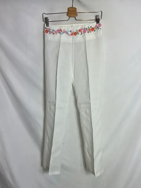 NAF NAF. Pantalón Lino blanco detalle cintura. T 36