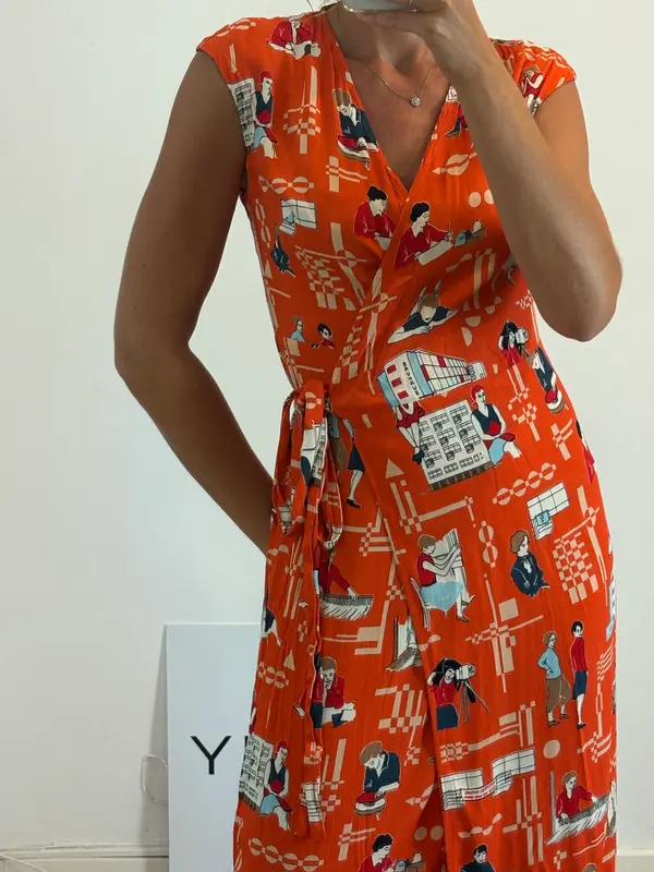 NICE THINGS. Vestido naranja estampado dibujos T.36