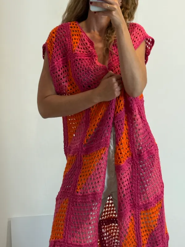 NICOLI. Kimino largo crochet bicolor