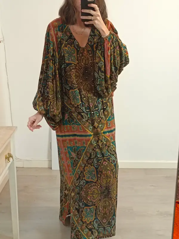 NÏN. Vestido largo estampado hilos brillo. T M/L