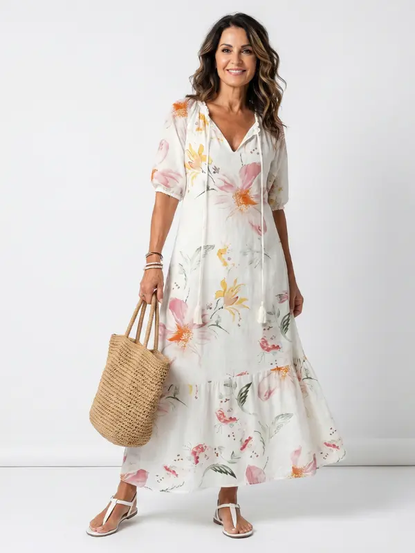 Noa™ | Vestido Midi Floral Escalonado con Nudo y Pompones