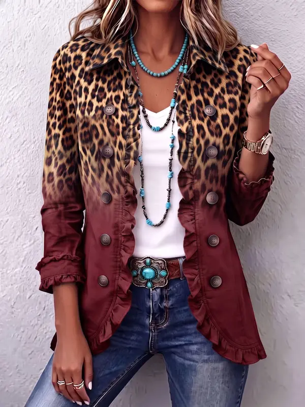 Olivia | Ombré Leopard Print Blazer in Wine with Ruffle Trim