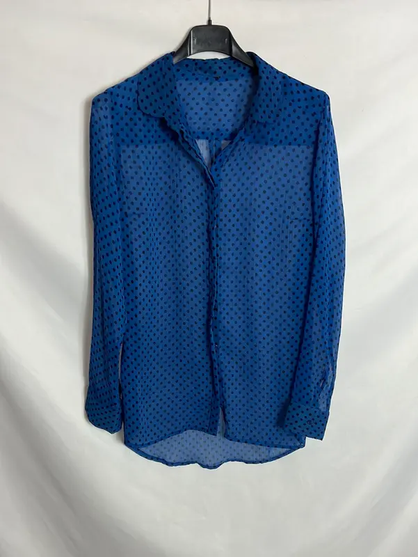 OTRAS. Blusa azul semitransparente lunares negro. T S