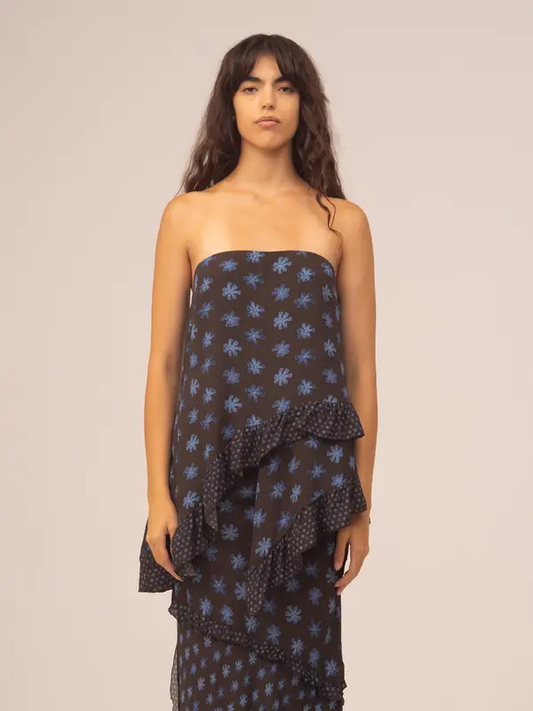 Palma Flower Print Strapless Asymmetric Top
