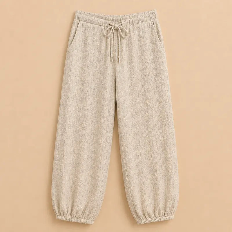 Pantalón Beige Texturizado con Cordón y Bajo Elástico Trapio