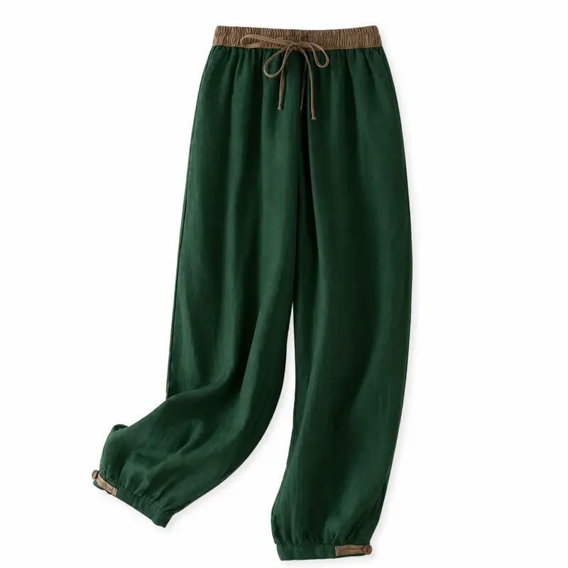 Pantalón de mujer con cintura elástica, cordón ajustable, pernera estrecha y puños fruncidos