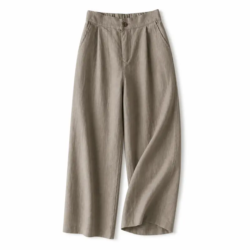 Pantalón de mujer de tiro alto con pernera ancha, pliegues frontales y bolsillos laterales