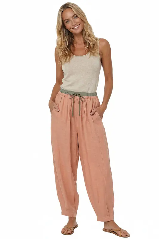 Pantalones de lino de pierna ancha para mujer con cordón