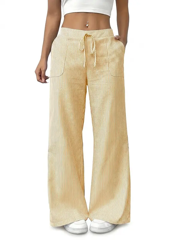 Pantalones de rayas de pierna ancha con cordón para mujer