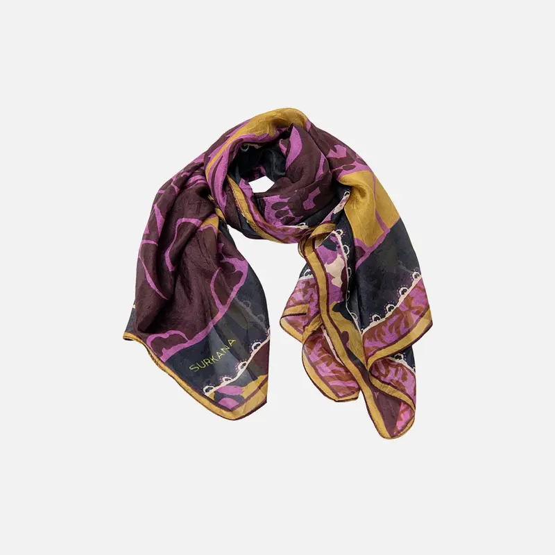 Pañuelo de seda estampado burdeos y marrón - Surkana