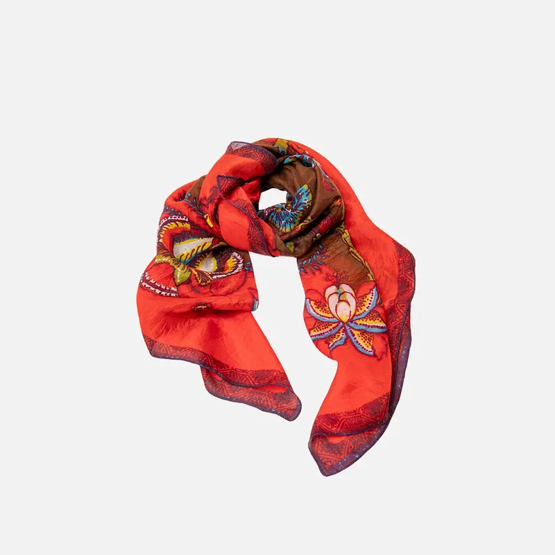Pañuelo de seda estampado rojo y marrón - Surkana