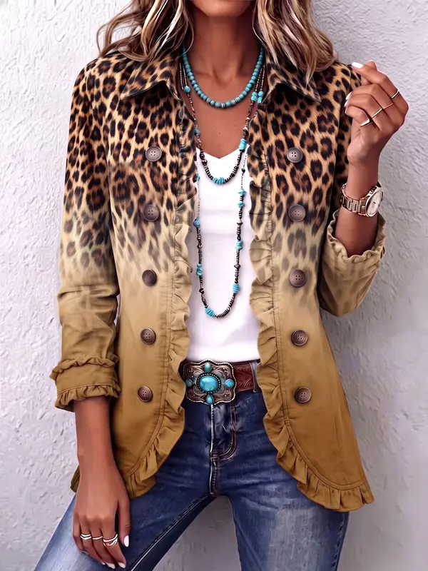 Paule | Ombré Leopard Print Blazer in Ochre with Ruffle Trim