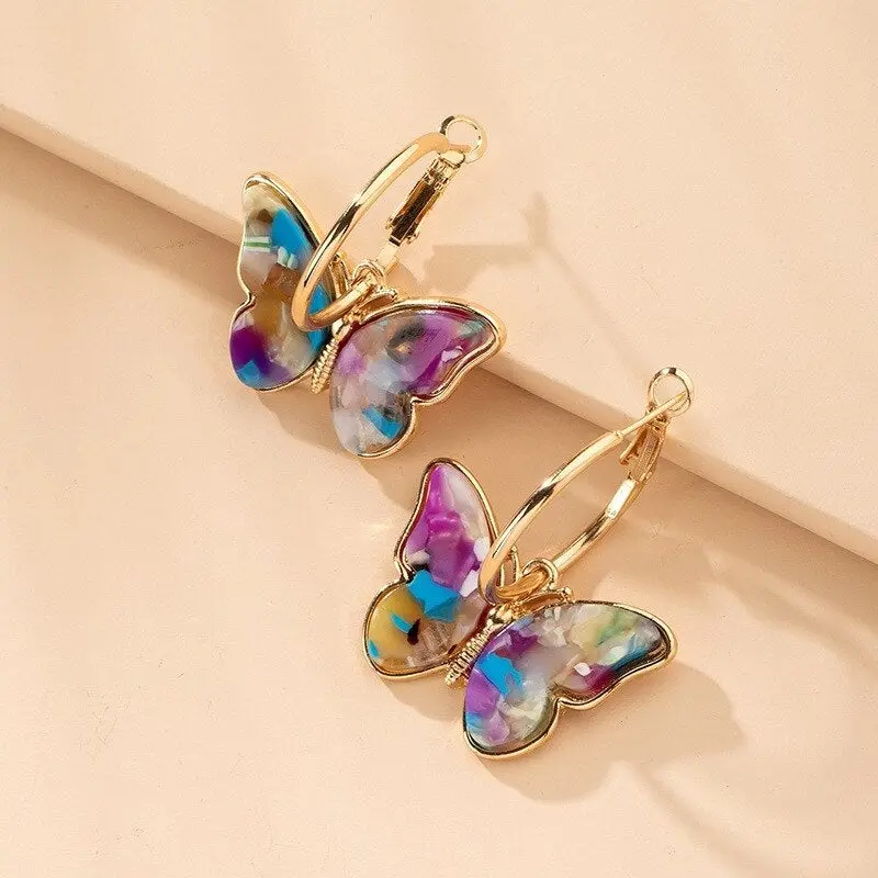 Pendientes Argolla con Mariposas Multicolor Doradas