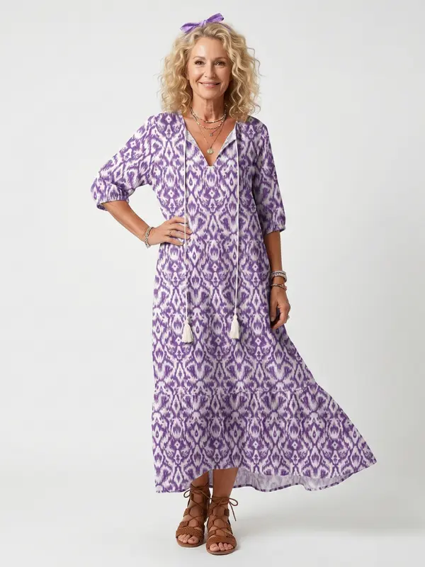 Penelope™ | Vestido Midi Estampado con Nudo y Pompones