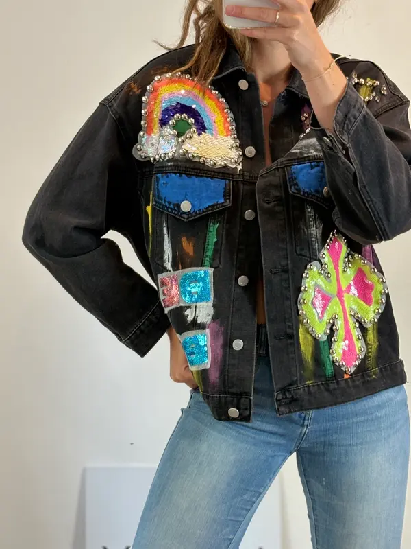 PETRA HOFFMAN, Cazadora denim negra dibujos. T S/M
