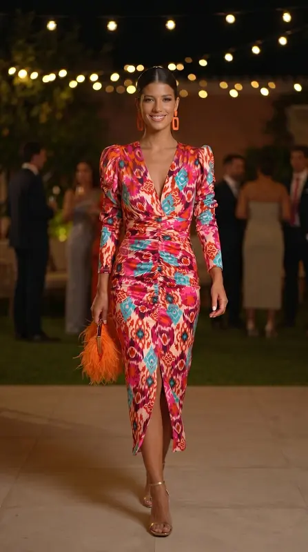 RIVIERA™ - VESTIDO MIDI CON ESCOTE EN V Y ESTAMPADO ABSTRACTO