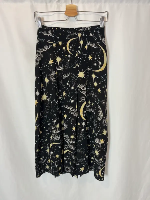 RIXO LONDON. Falda midi seda negra estampada T.s