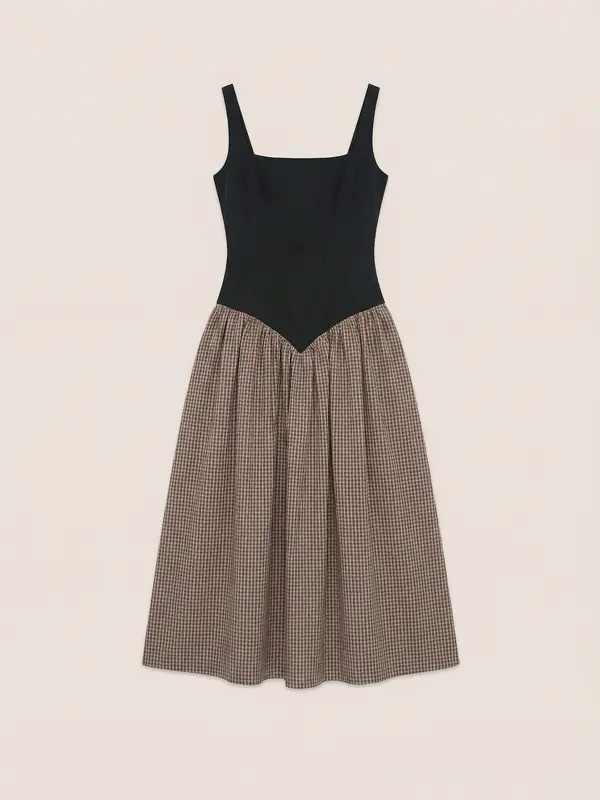 Rove Contrast Bodice Brown Plaid Midi Dress