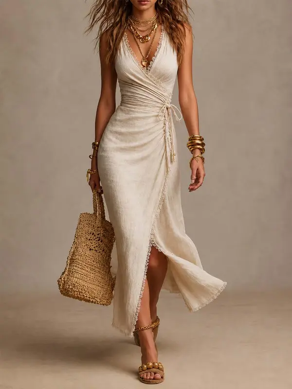 Sandra | Natural Linen Midi Dress