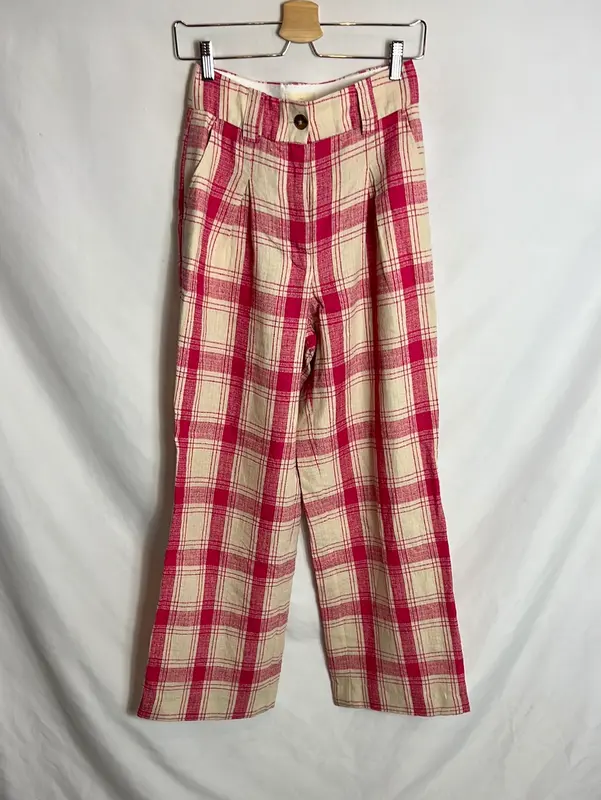 SÉZANE. Pantalón textura cuadros beige y rosa. T 36