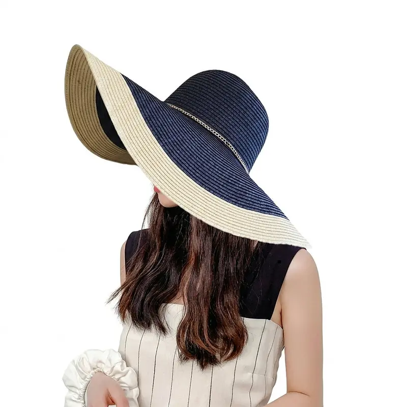 Sombrero de sol de ala ancha bicolor para mujer con cadena