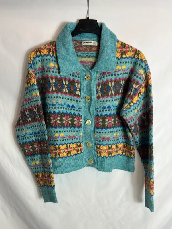STRADIVARIUS . Cárdigan greca turquesa. T XS