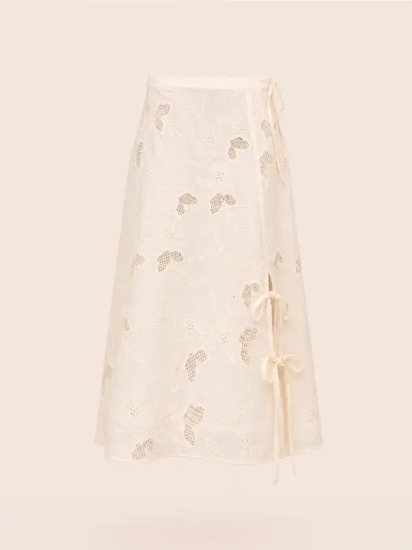 Sunlit Cream Embroidered Midi Skirt