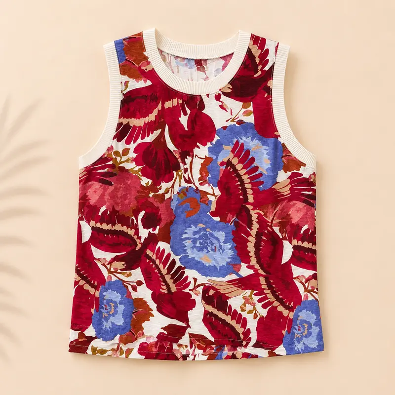 Top de mujer estampado floral multicolor en rojo azul y burdeos con cuello redondo y detalles de punto en contraste Trapío