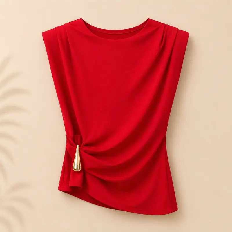 Top Rojo de Mujer con Cuello Redondo, Hombros Marcados y Detalle Fruncido Lateral con Adorno Dorado – Diseño Elegante y Sofisticado Trapío