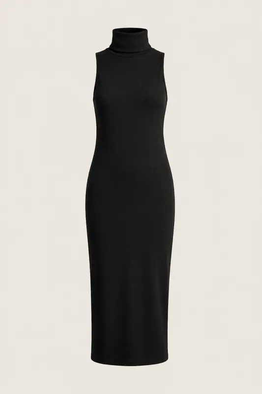 Vestido de Cuello Alto Midi Ribbed Black