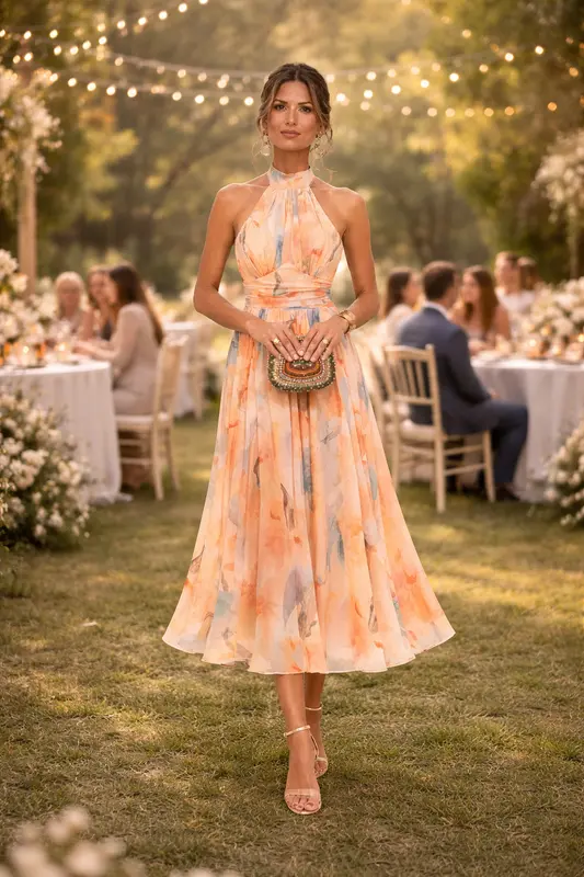 Vestido Esther™ | Vestido floral de Cuello Halter con Estampado de Acuarela