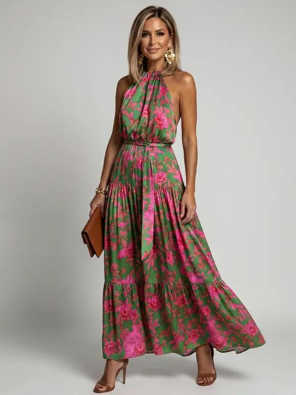 Vestido Largo Jimena con Cuello Halter y Estampado Floral Rosa