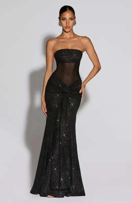 VESTIDO LARGO PAULA - BRILLO NEGRO