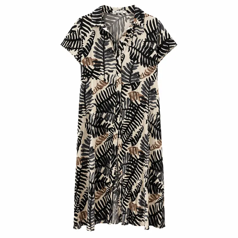 Vestido Largo Tropical Camisero Beige y Negro Trapío