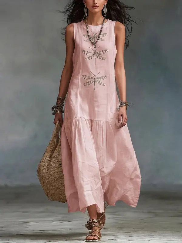 Vestido Maxi Boho de Algodón y Lino con Estampado de Libélulas