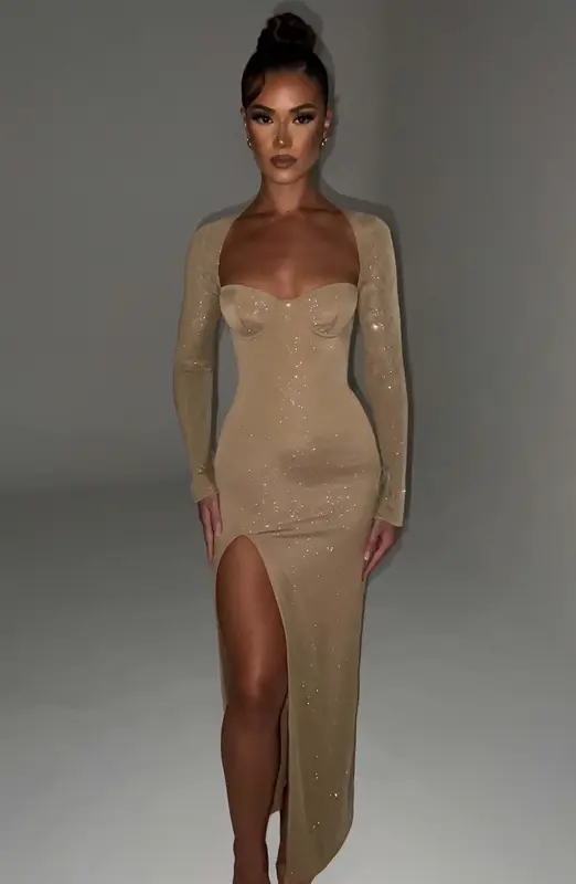 VESTIDO MAXI NADIA - BRILLO DORADO